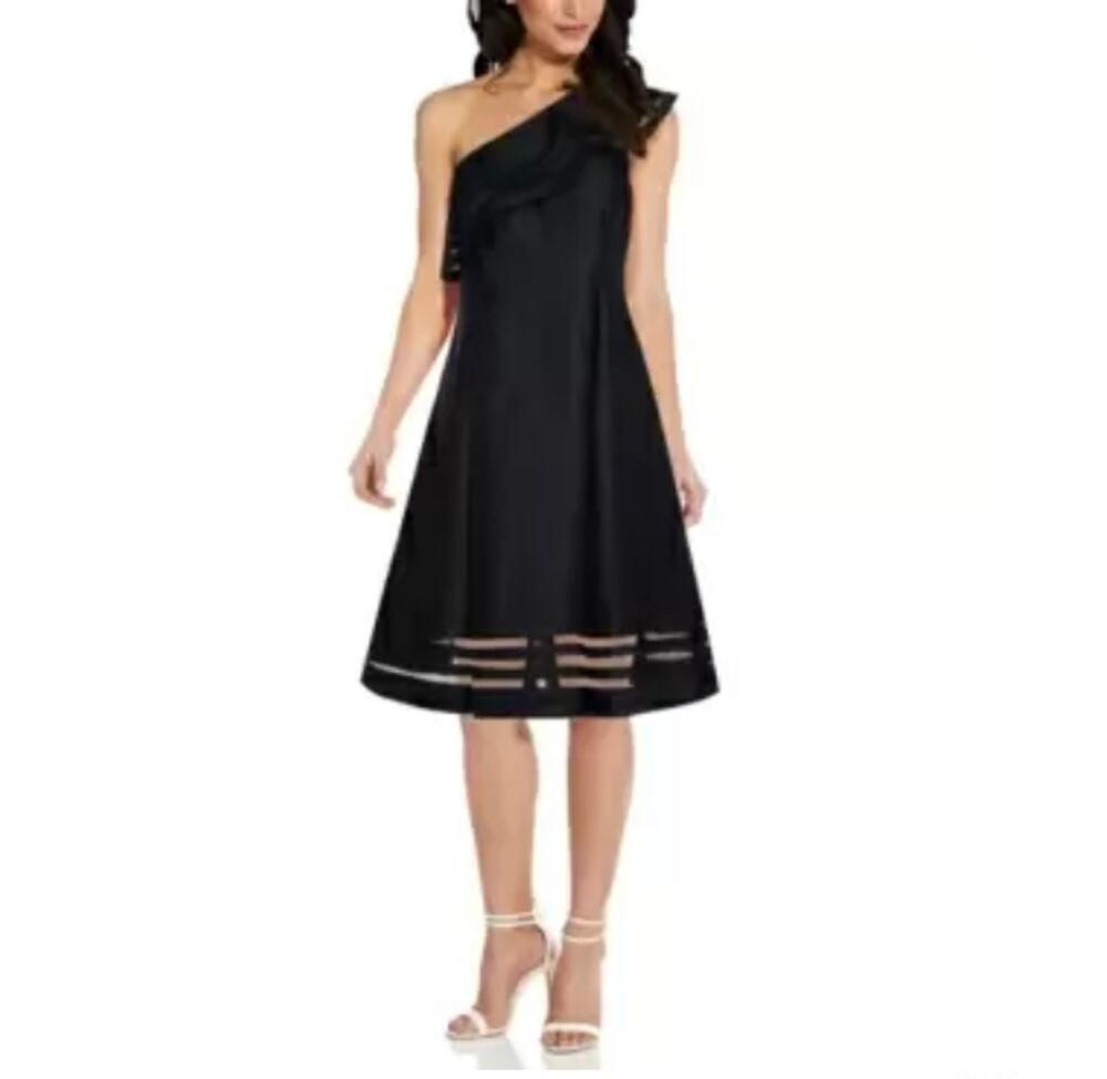 Adrianna Papell Black Cocktail Dress One Shoulder Ruffled A-Line Midi Size 8